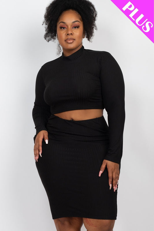 Plus Size Ribbed Mock Neck Crop Top And Midi Skirt Set