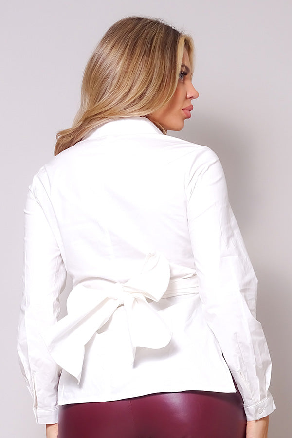 Long Sleeve Back Tie Button Down Cropped Shirt
