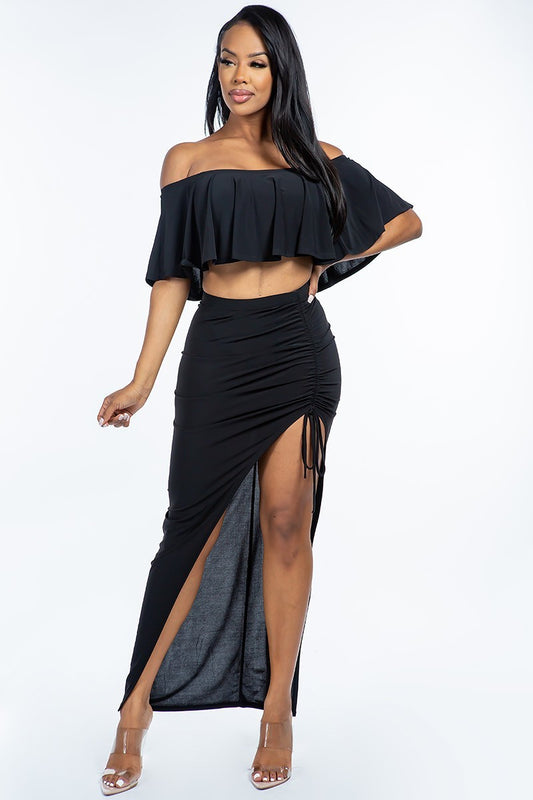 Off The Shoulder Ruffled Cropped Top And Ruched Maxi Skirt