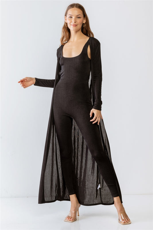 Black Sleeveless Jumpsuit And Cardigan Set